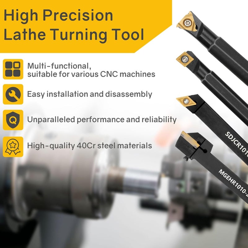 Joogto Indexable Lathe Turning Tool 21Pcs Kit 3/8'' 10mm Shank 7Pcs Metal Lathe Tools Holder Set with 14Pcs Turning Inserts for Turning Grooving Threading Boring Carbide Inserts Carbide Turning Tool - Image 4